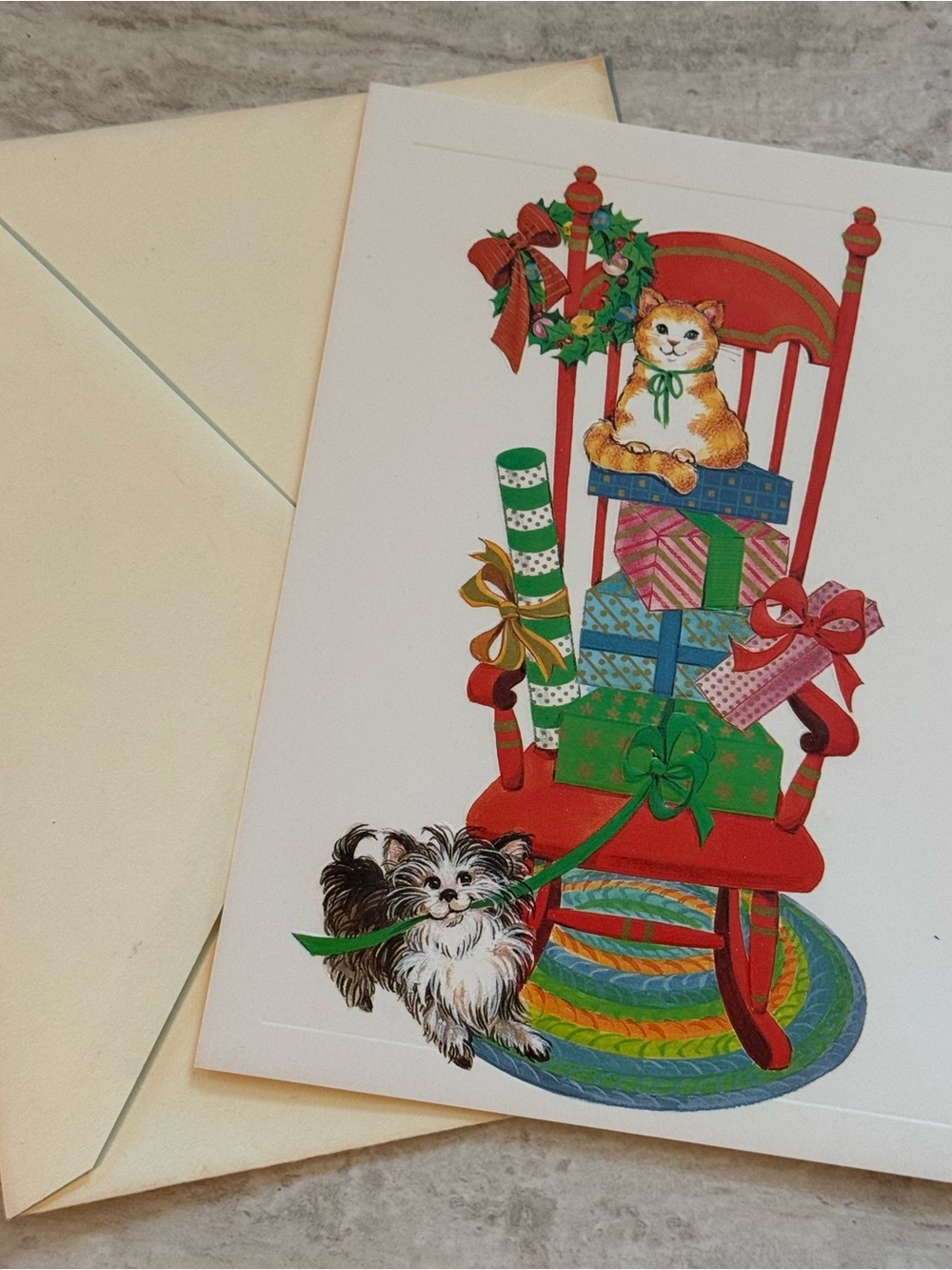 Vintage Christmas Card Cat & Dog Whimsical w Envelope UNUSED